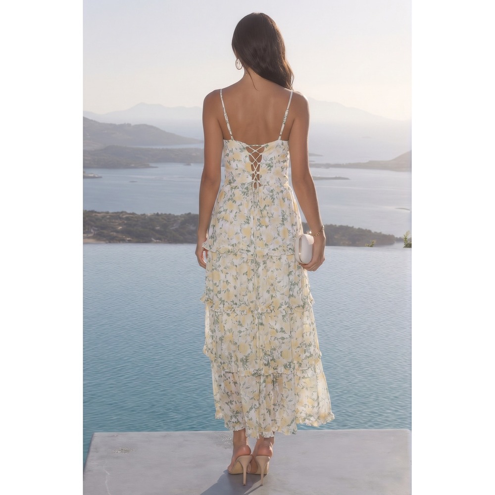 Crystal Doll Yellow Garden Floral Tiered Maxi Dress Lace Up Back Ruffle Trim M - Picture 2 of 12